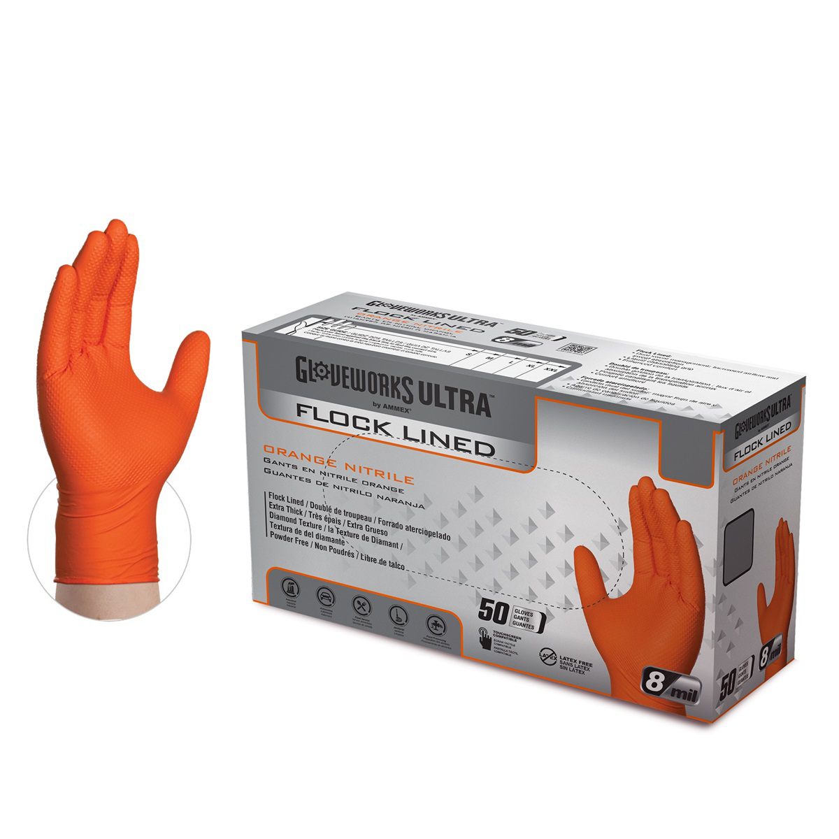 Gloveworks Ultra Flock Lined RDT Orange Nitrile Gloves - 2X-Large