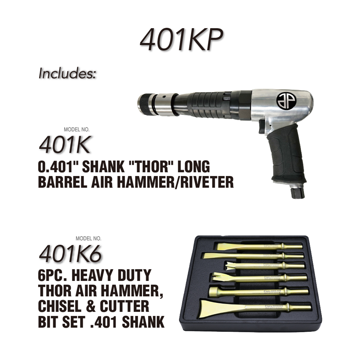 Astro Tools 0.401" Shank "thor" Long Barrel Air Hammer/riveter + 6pc Hd Thor Air Hammer, Chisel & Cutter Bit Set