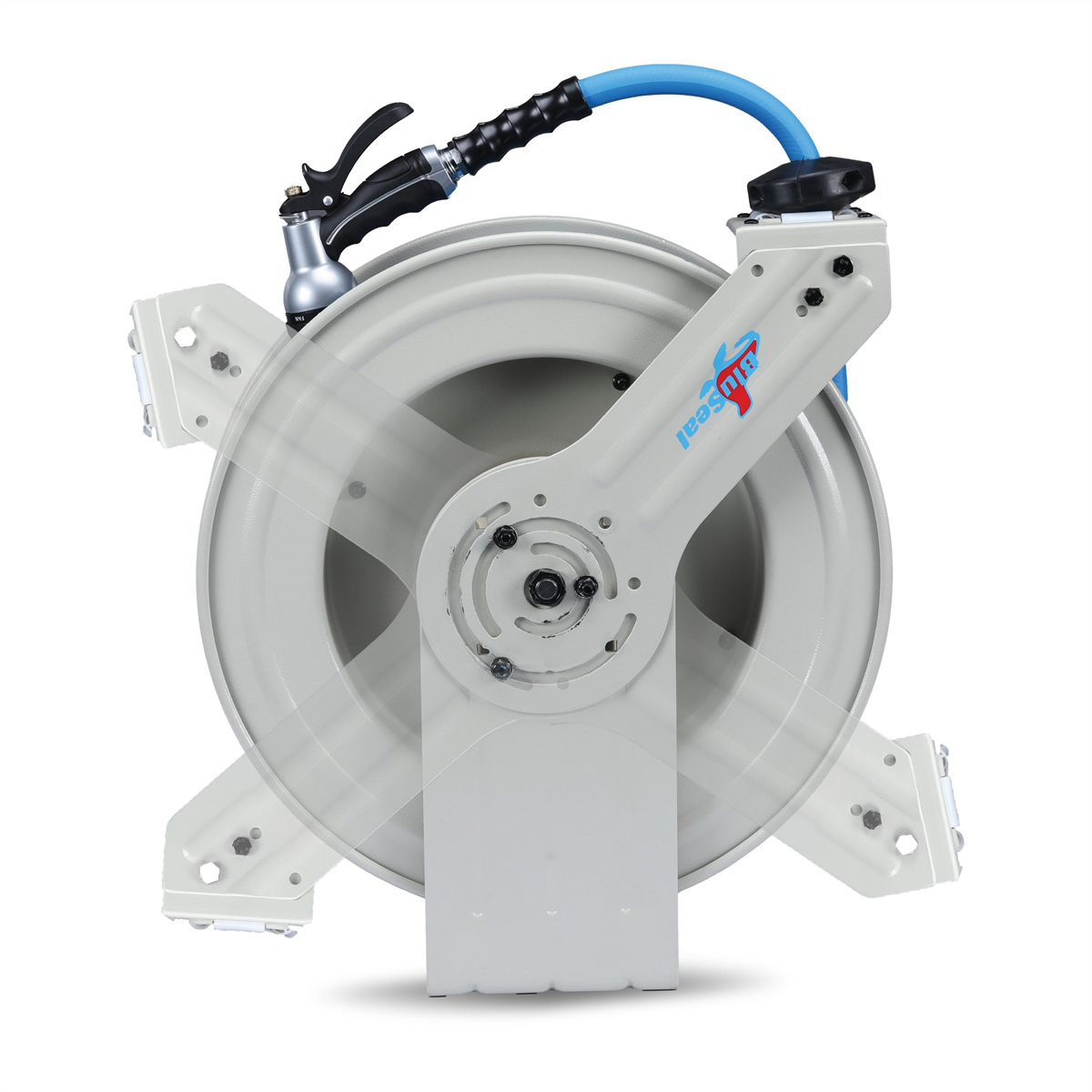 BluBird BluSeal All-in-One Rubber Air Hose Reel 5/8" X 50(Single Arm - Heavy Duty) with 6' Lead-in-Hose. Includes FreeStyle, Sshhh Tek, and Safety Rewind Features.