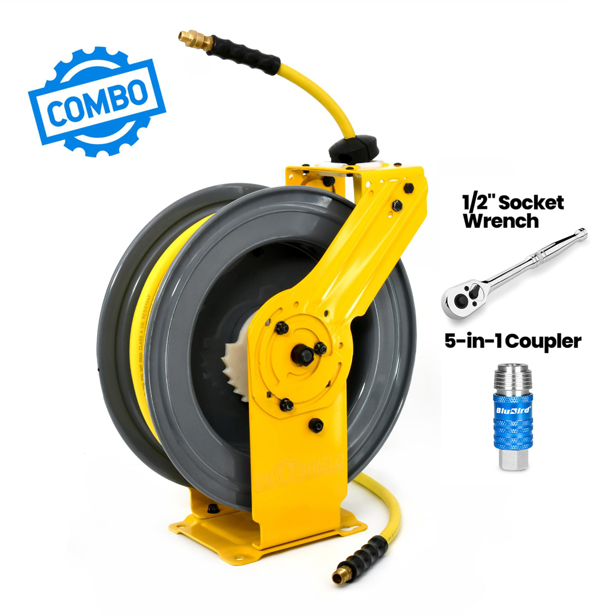 OSRHD38100-AIO BluBird OilShield All-in-One Rubber Air Hose Reel 3/8" X 100(Dua