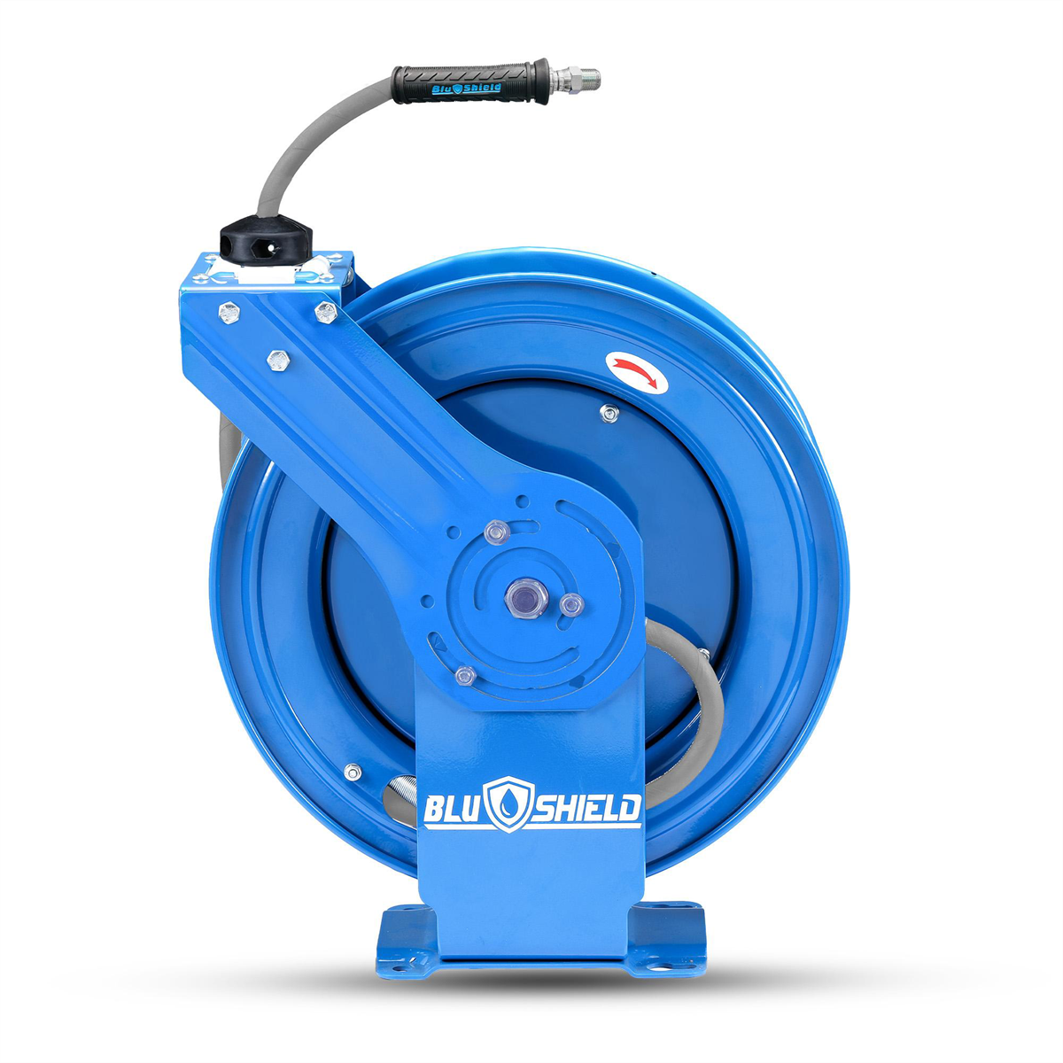 BluBird BluShield All-in-One Rubber Air Hose Reel 3/8" X 50(Dual Arm ) with 6' Lead-in-Hose. Includes FreeStyle, Sshhh Tek, and Safety Rewind Features.