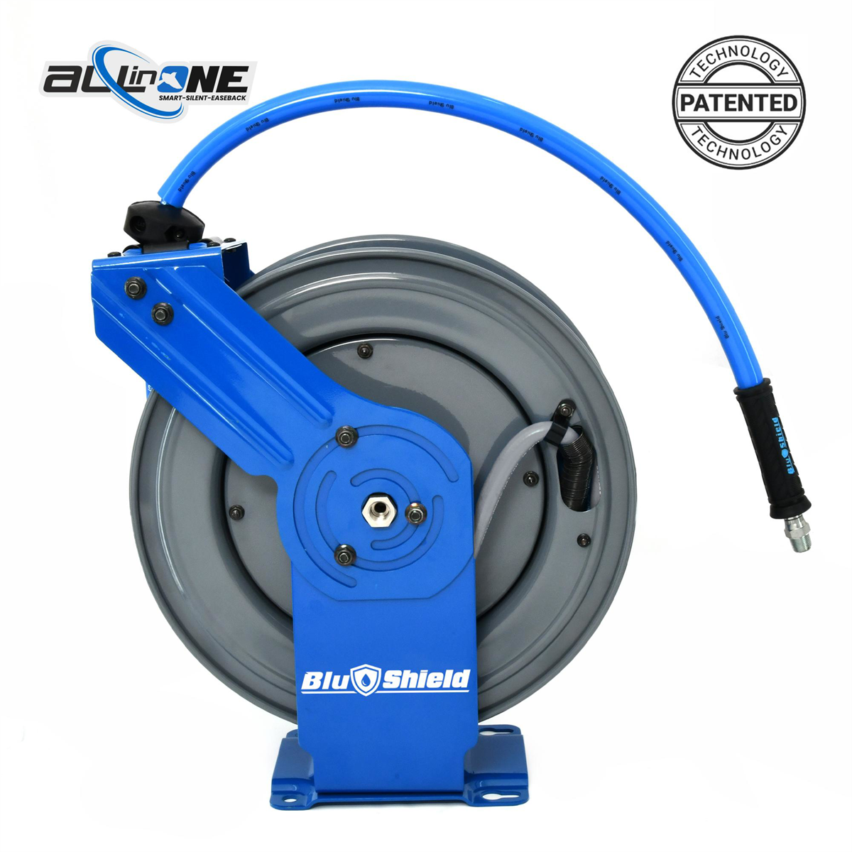 Blubird Blushield All-in-one Rubber Air Hose Reel 3/8" X 100(dual Arm ) With 6' Lead-in-hose. Includes Freestyle, Sshhh Tek, And Safety Rewind Features.