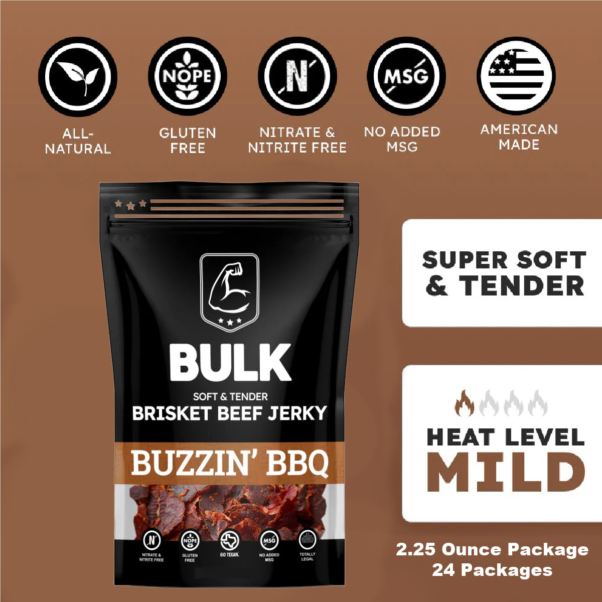 BULK Jerky  Buzzin BBQ Brisket Beef Jerky - 2.25 ounce package (24 packages)