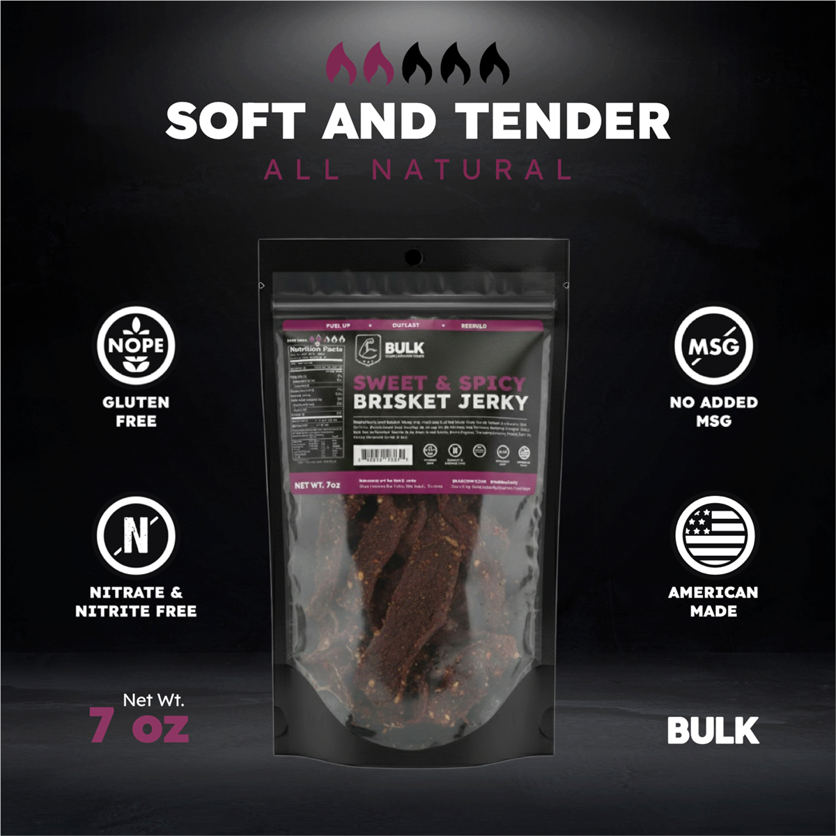 BULK Jerky Sweet and Spicy Brisket Beef Jerky - 7 ounce Package (12 Packages)