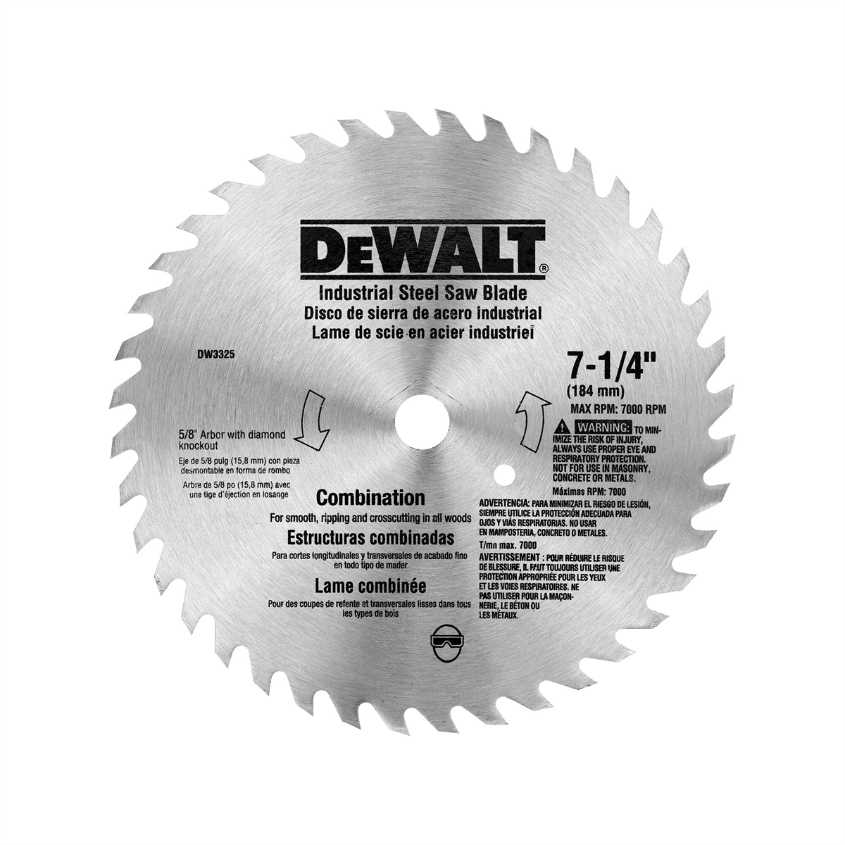 Dewalt 7-1/4-inch 40 Tooth Atb Combination Saw Blade With 5/8-inch And Diamond Knockout Arbor,silver