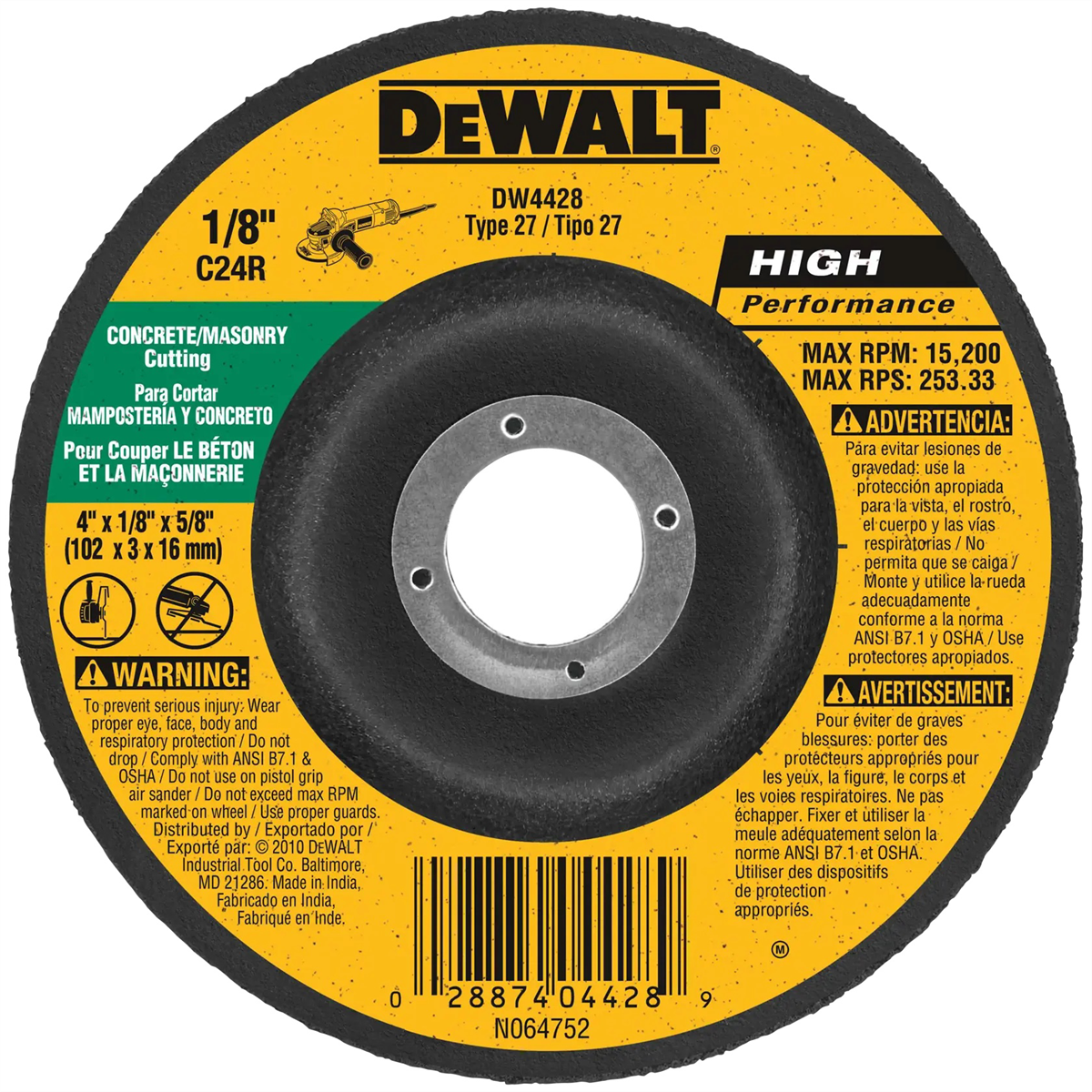 Dewalt 4-inch By 1/8-inch By 5/8-inch Concrete/masonry Cutting Wheel , Black