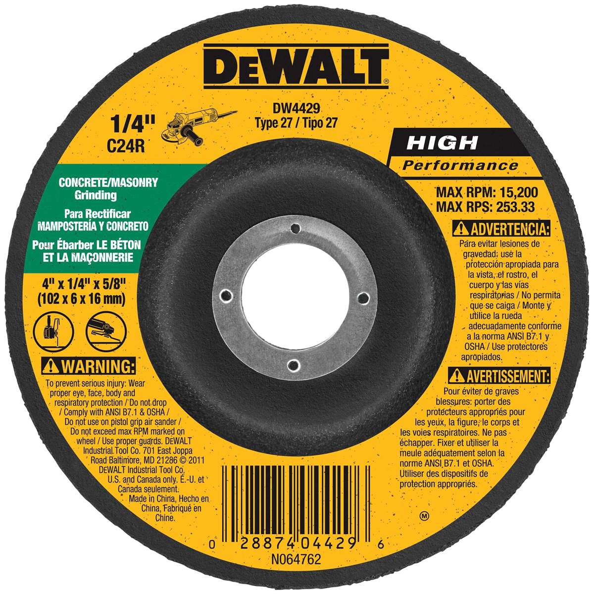 Dewalt 4-inch By 1/4-inch By 5/8-inch Concrete/masonry Grinding Wheel