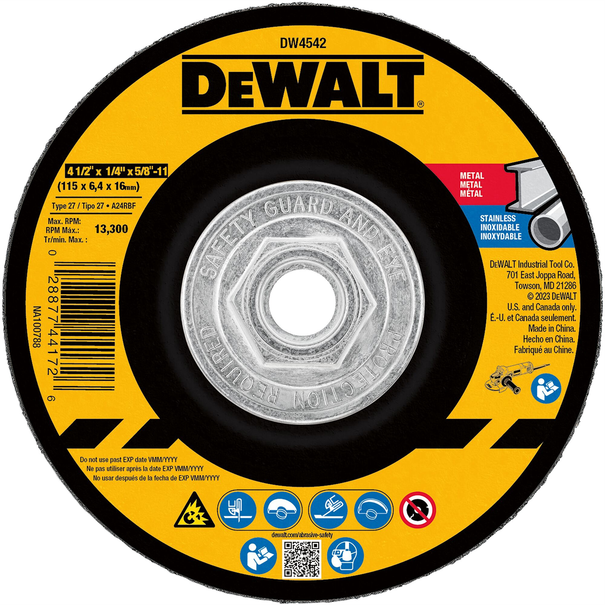 Dewalt 4-1/2" X 1/4" X 5/8"-11 Metal & Stainless Grinding Wheel