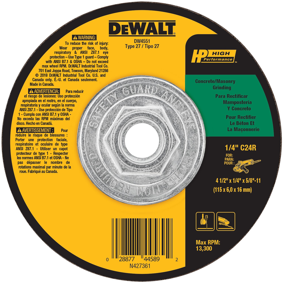 Dewalt Masonry Grinding Wheel, 5/8-11-inch Arbor, 4-1/2-inch By 1/4-inch