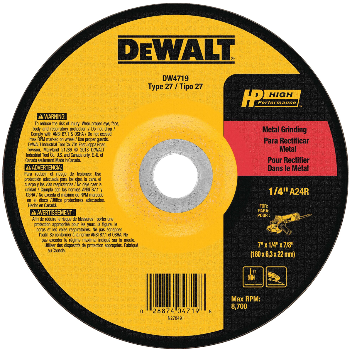 Dewalt 7-inch-by-1/4-inch-by-7/8-inch General Purpose Metal Grinding Wheel