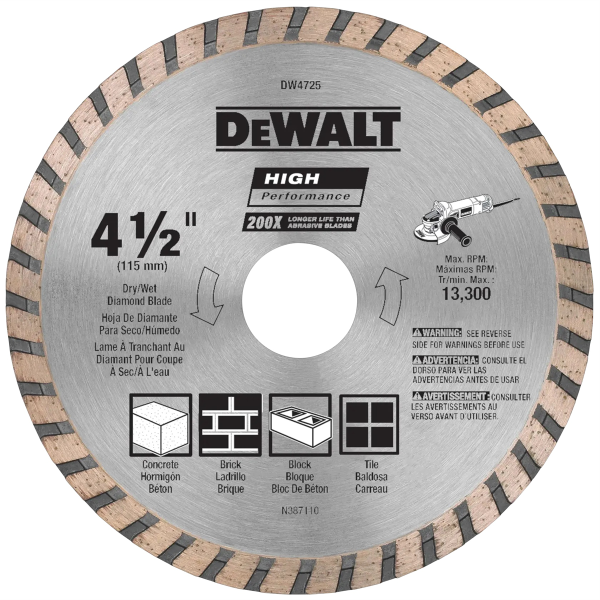 Dewalt Diamond Blade For Masonry, Dry Cutting, Continuous Rim, 7/8-inch Arbor, 4-1/2-inch