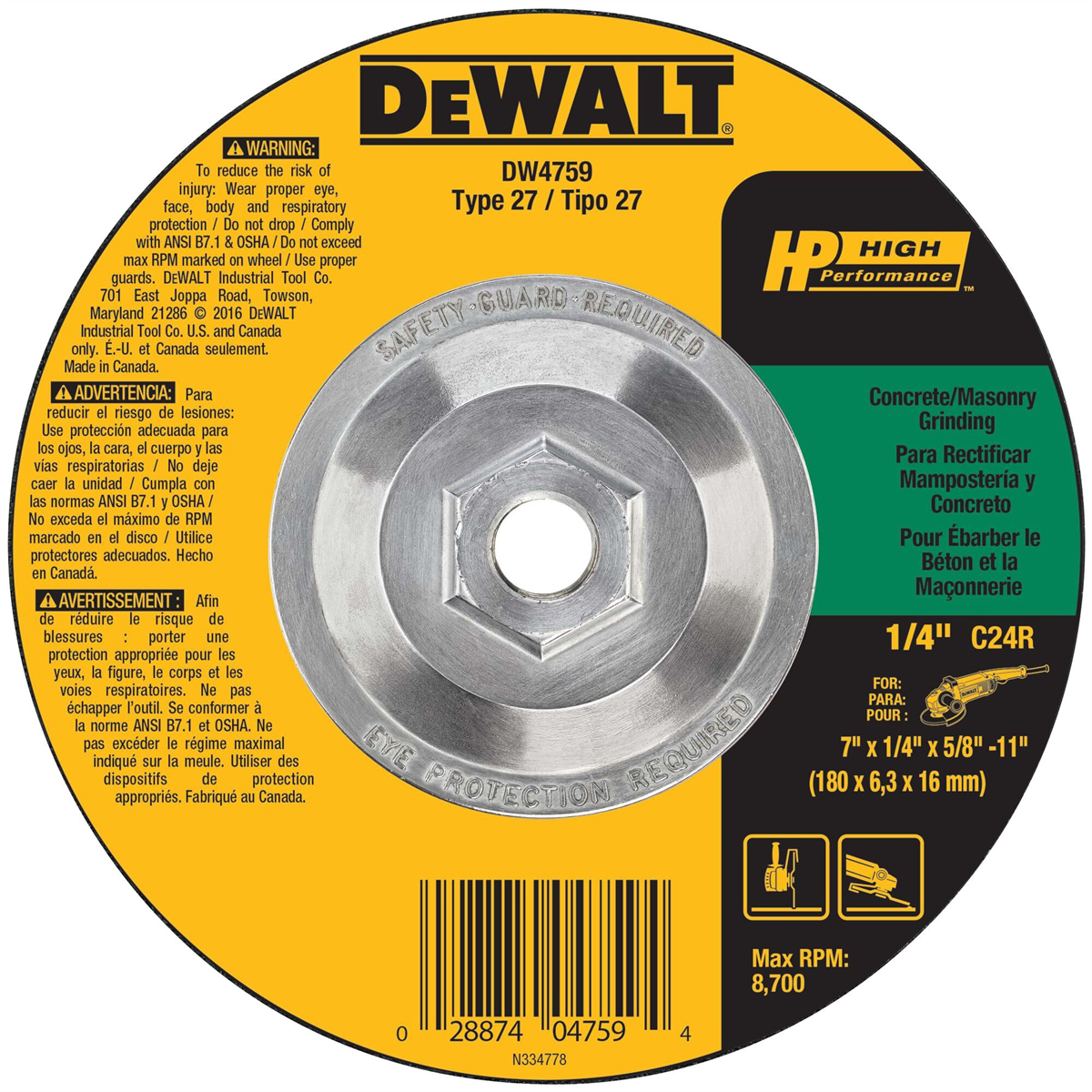 Dewalt 7-inch By 1/4-inch By 5/8-inch-11 Concrete/masonry Grinding Wheel
