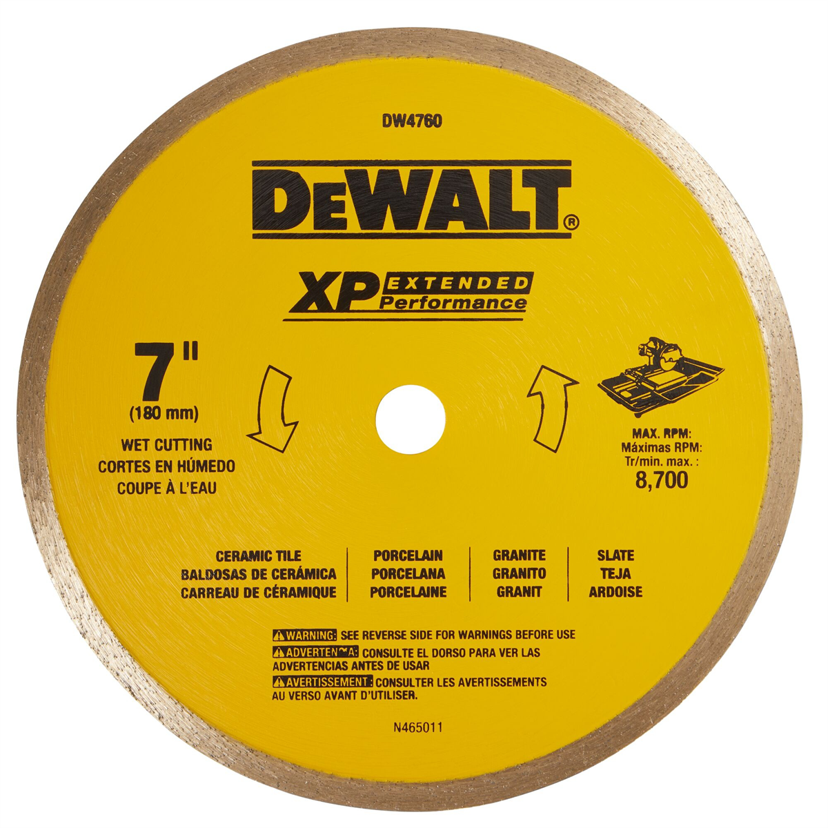 DEWALT 7-Inch Wet Cutting Continuous Rim Saw Blade With 5/8-Inch Arbor For Ceramic Or Tile,Yellow