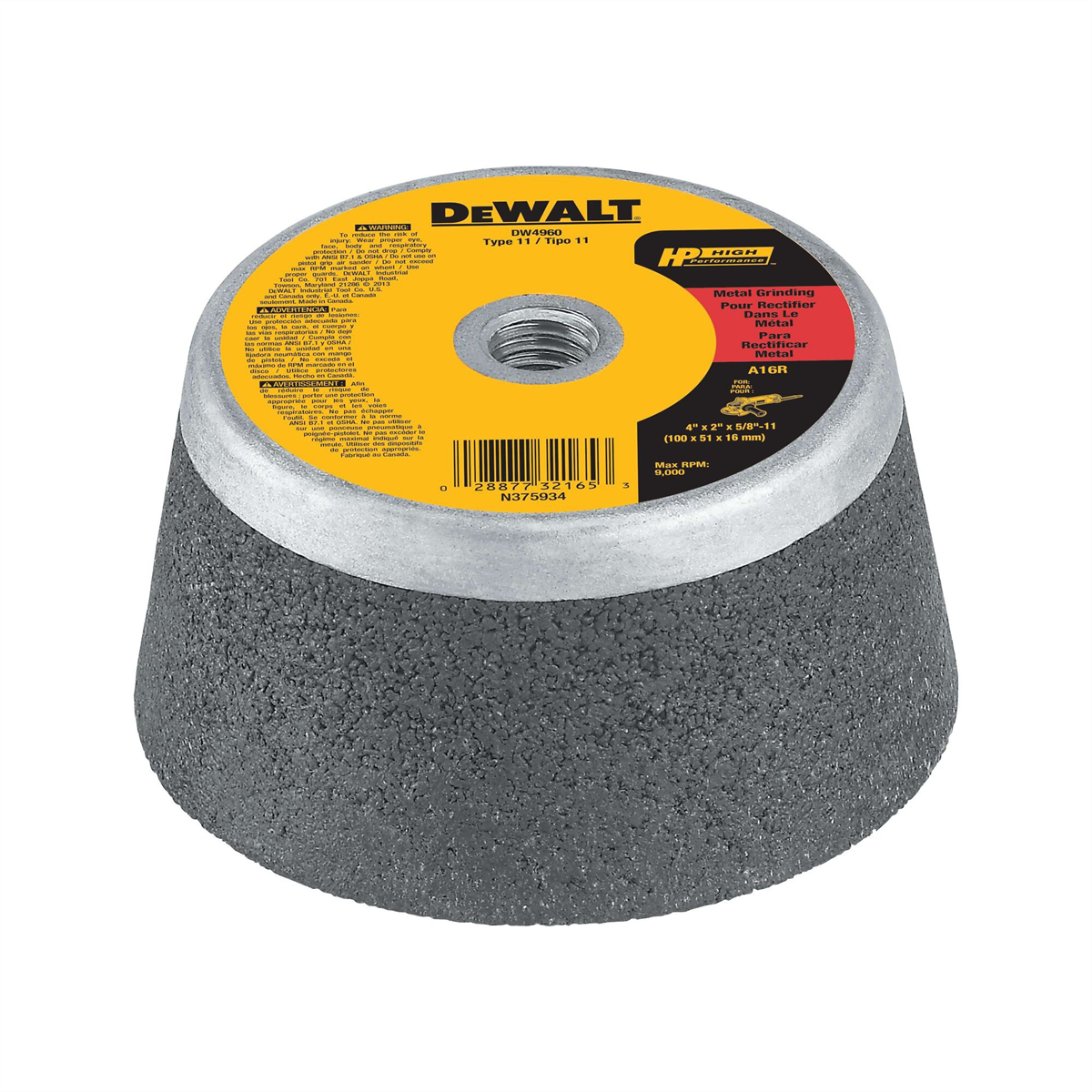 Dewalt Grinding Wheel, Steel Backed Cup, 4-inch X 2-inch X 5/8-inch-11-inch
