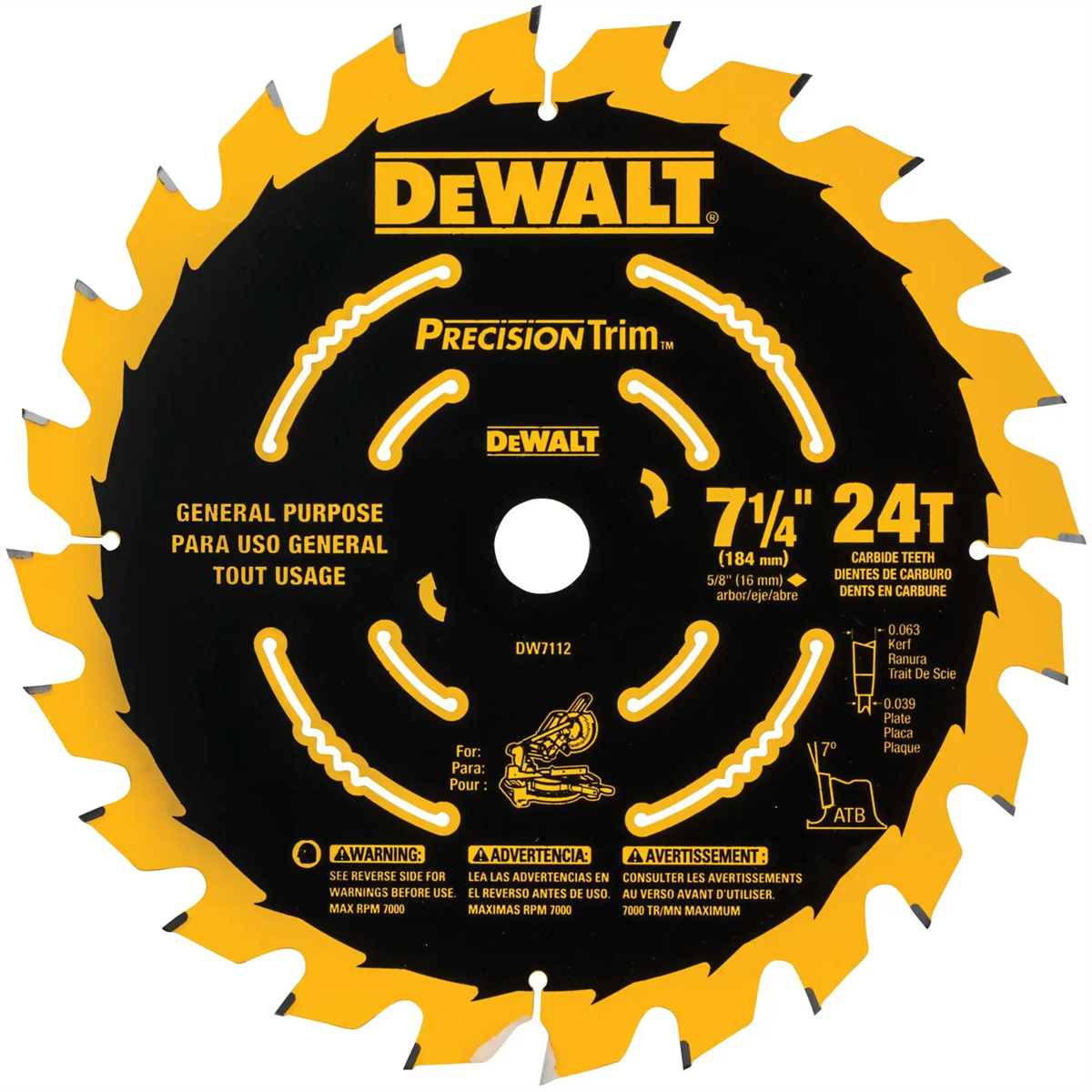 Dewalt Dw7112pt 24t Precision Trim Miter Saw Blade, 7-1/4"