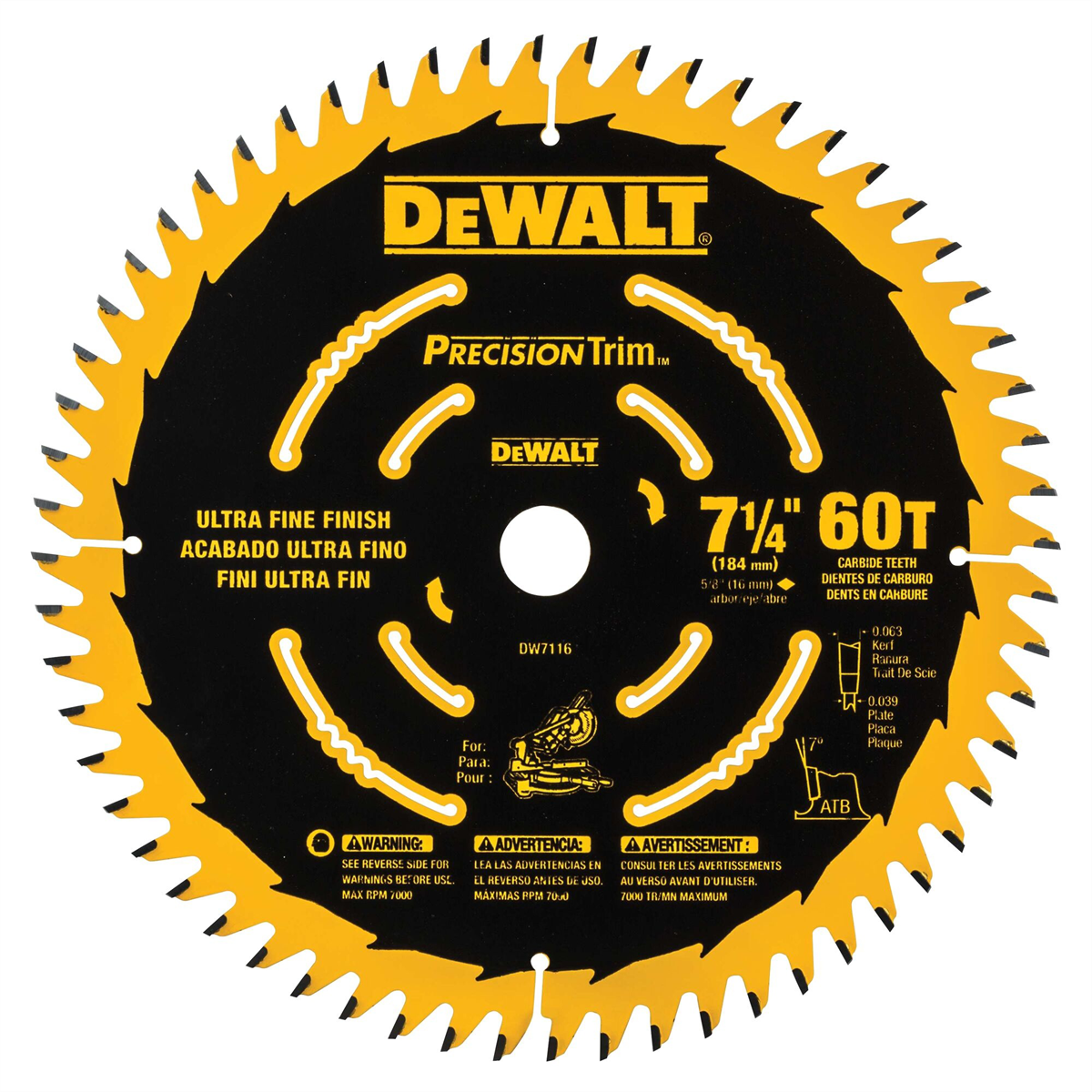 Dewalt Dw7116pt 60t Precision Trim Miter Saw Blade, 7-1/4"