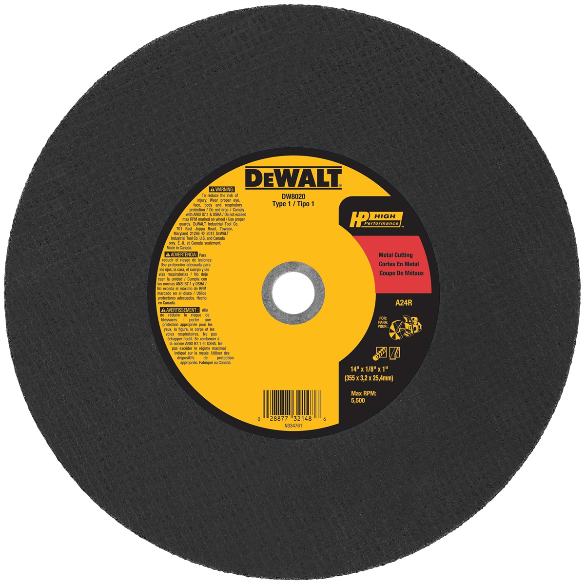 Dewalt Metal Port Saw Cut-off Wheel, 14-inch X 1/8-inch X 1-inch