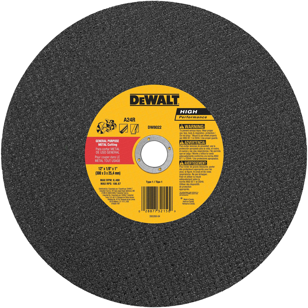 Dewalt Cutting Wheel For Metal, A24n Abrasive, 12-inch X 1/8-inch X 1-inch
