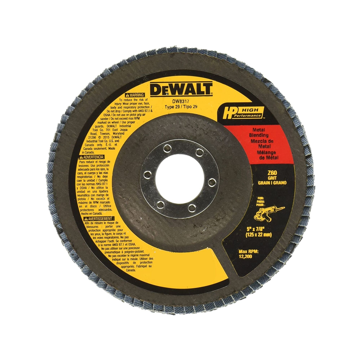 DEWALT 5-Inch By 7/8-Inch 60 Grit Zirconia Angle Grinder Flap Disc