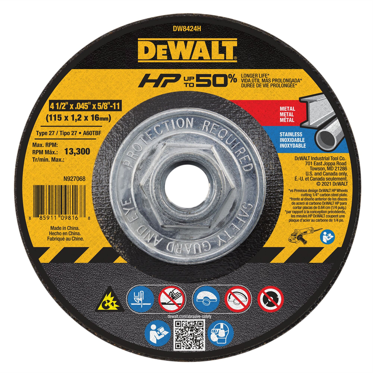 Dewalt 4-1/2-inch By 0.045-inch By 5/8-inch To 11-inch Metal Cutting Wheel, Pack Of 1