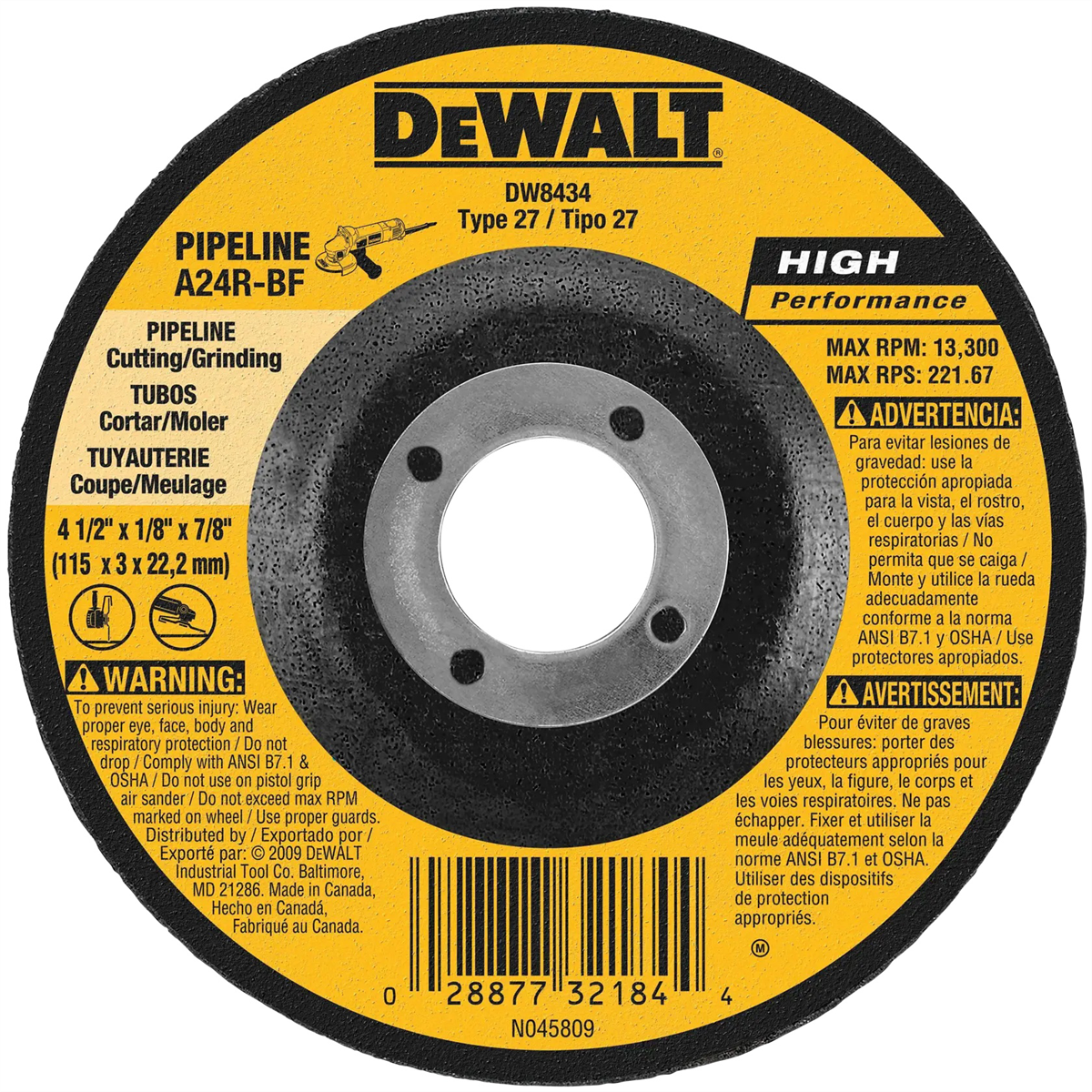 DEWALT 4" x 1/4" x 5/8" High Performance Metal Grinding Wheel