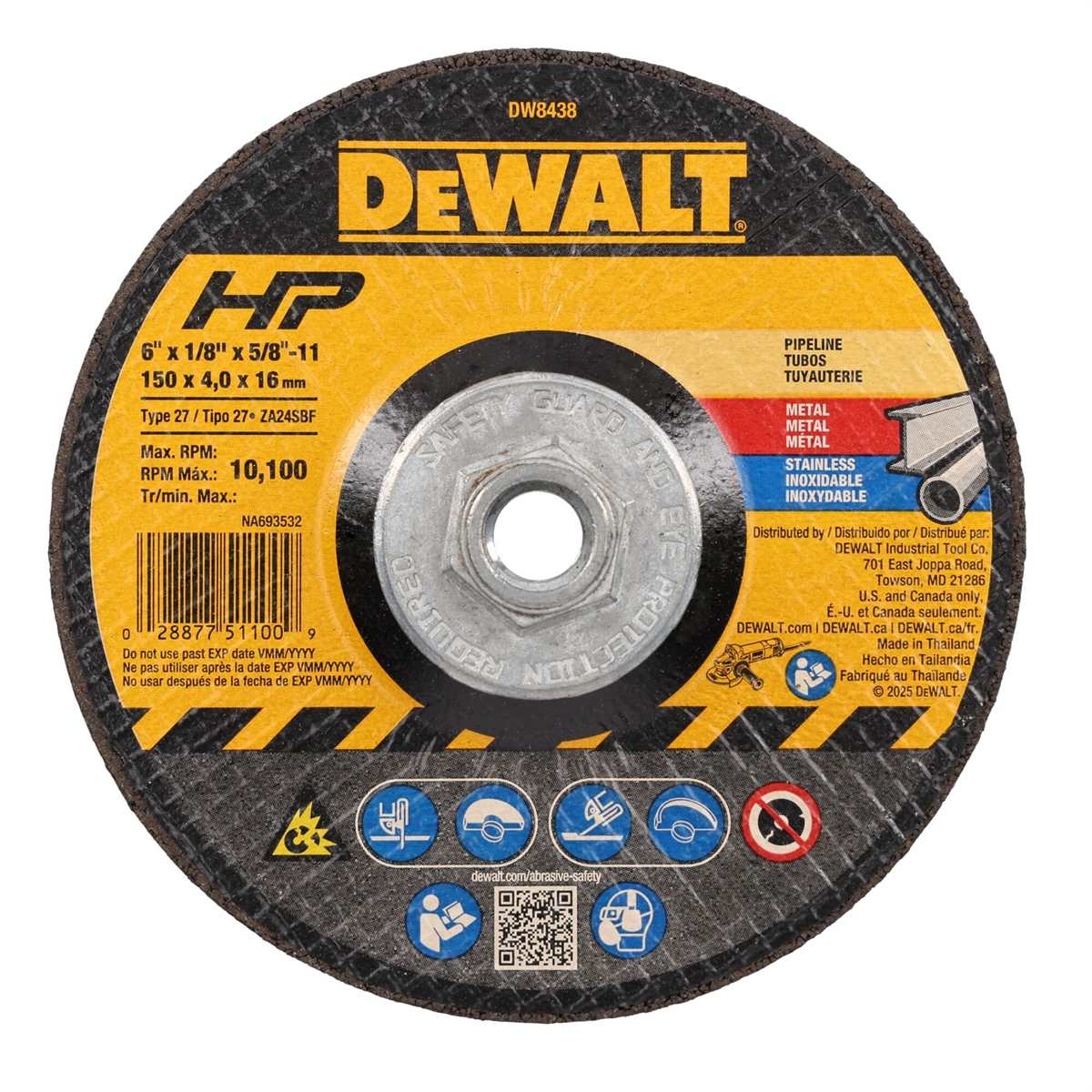 DEWALT 6" x 1/8" x 5/8"-11 High Performance Metal Grinding Wheel