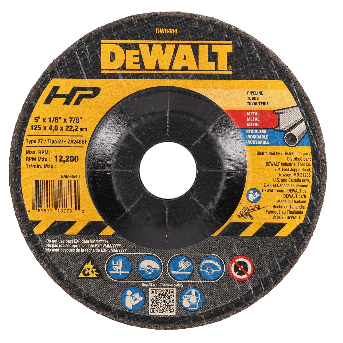 Dewalt 5-inch By 1/8-inch By 7/8-inch High Performance Pipeline Wheel