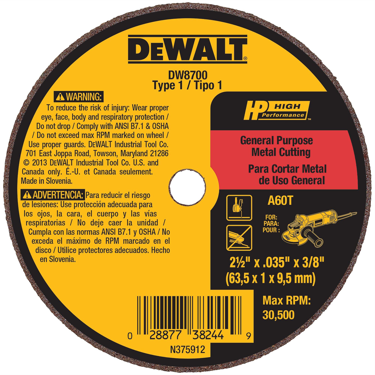DEWALT 2-1/2" x .035" x 3/8" A60T Metal & Stainless Cutting & Grinding Wheel