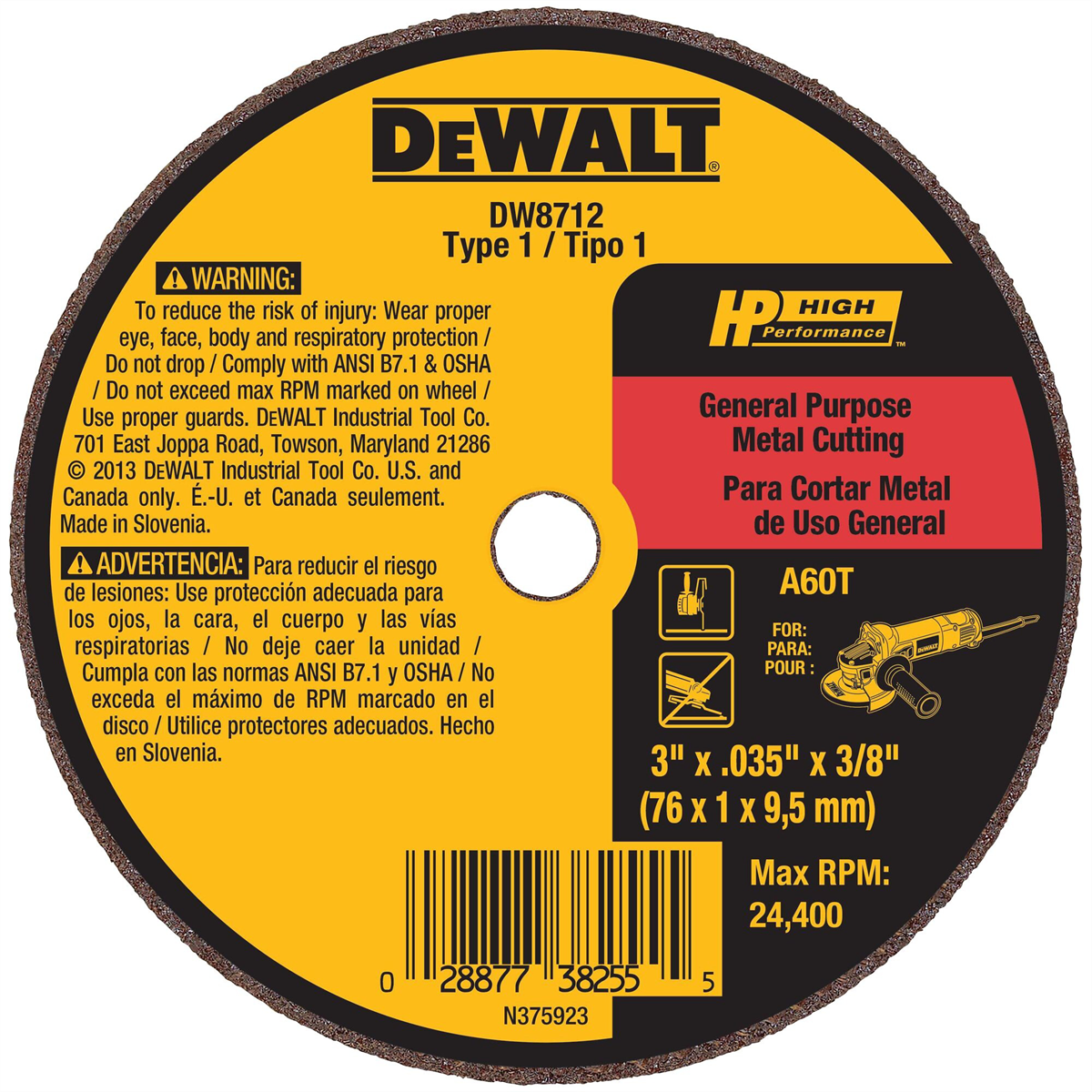 DEWALT 3" x .035" x 3/8" A60T Metal & Stainless Cutting & Grinding Wheel