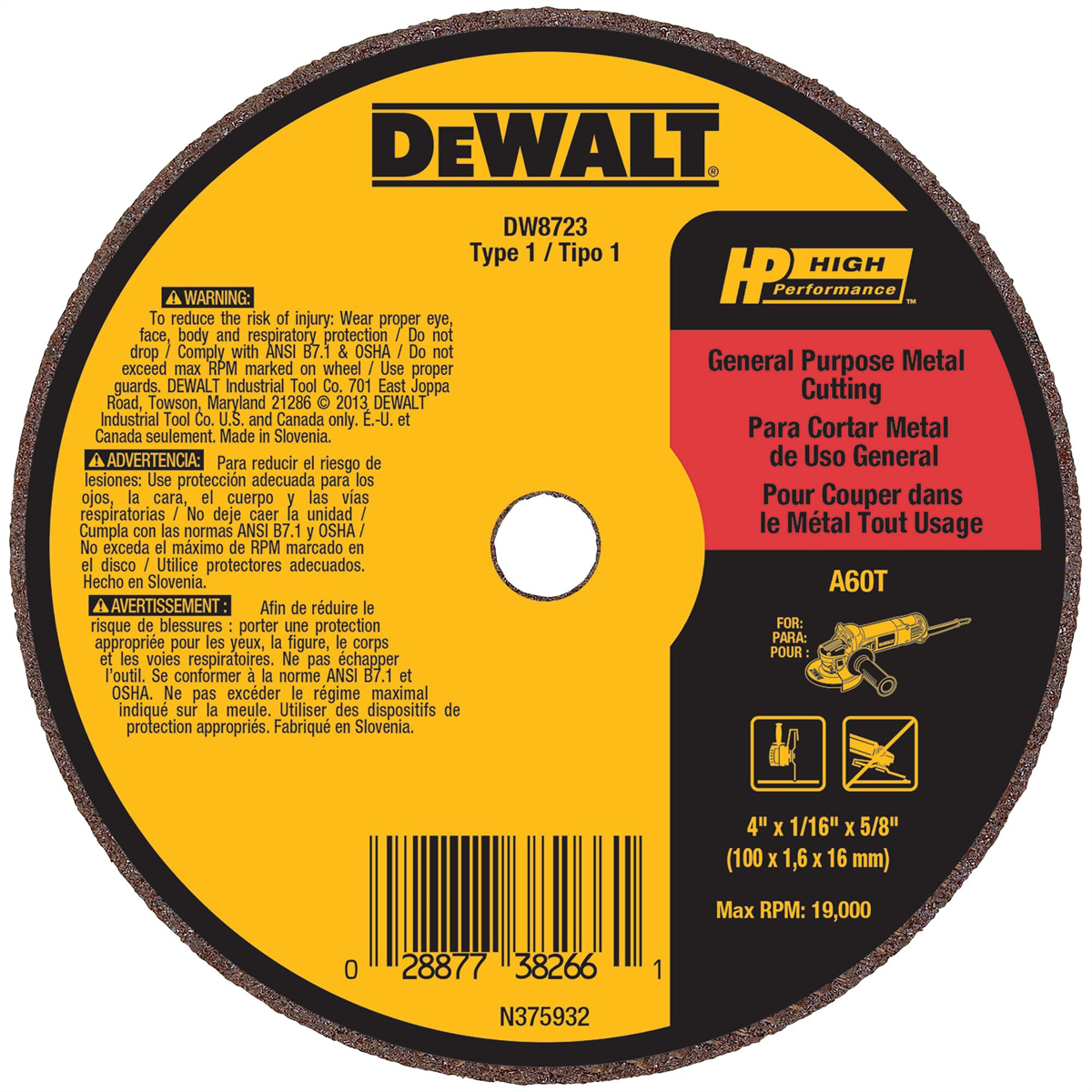 DEWALT 4" x 1/16" x 5/8" A60T Metal & Stainless Cutting & Grinding Wheel
