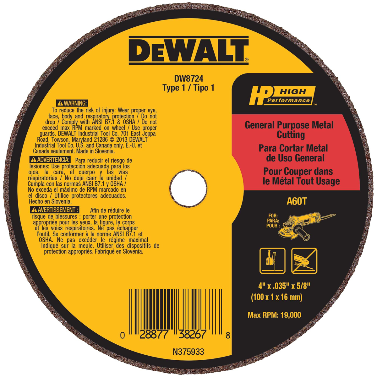 DEWALT 4" x .035" x 5/8" A60T Metal & Stainless Cutting & Grinding Wheel