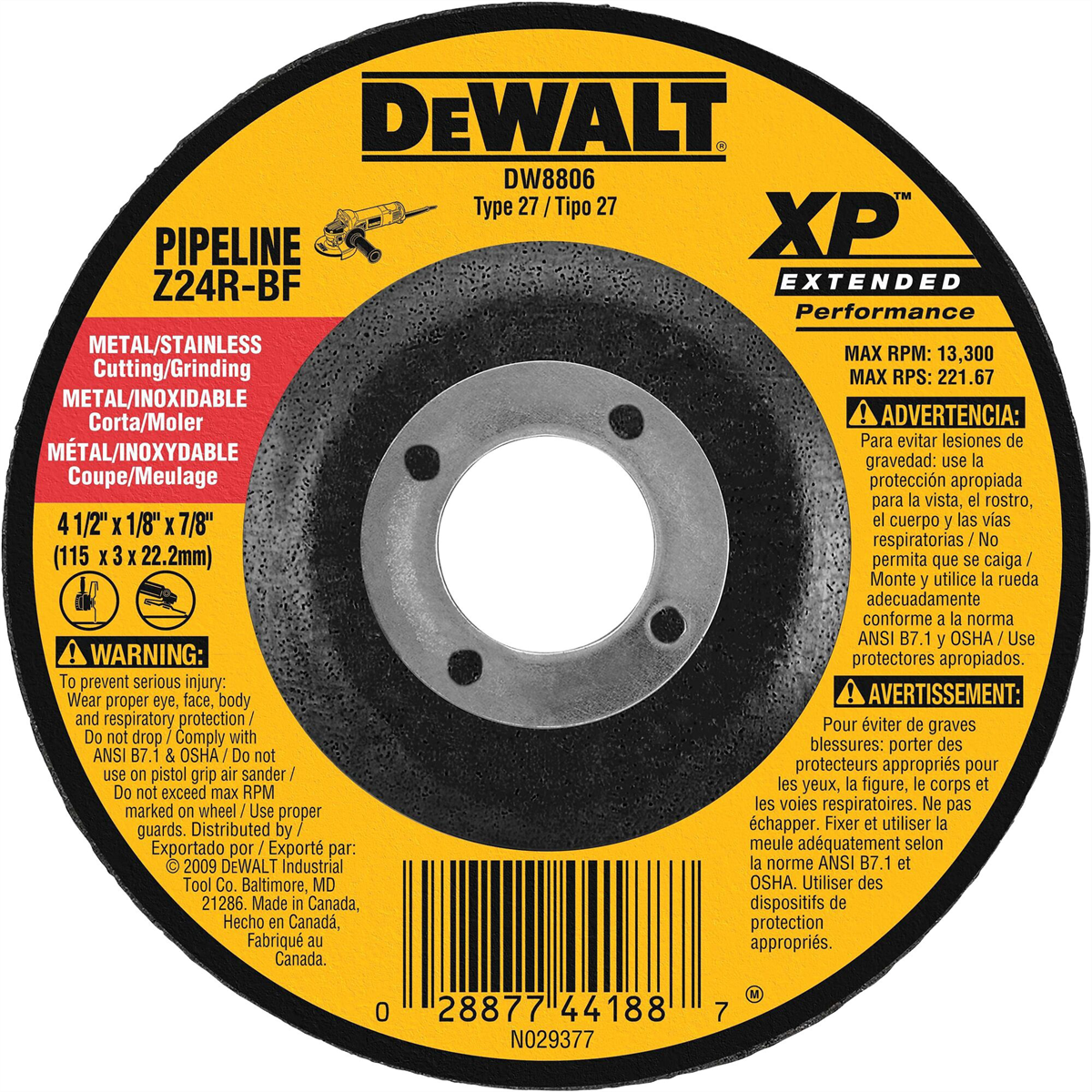 Dewalt 4 1/2-inch By 1/8-inch Extended Performance Pipeline Grinding Wheel, 7/8-inch Arbor