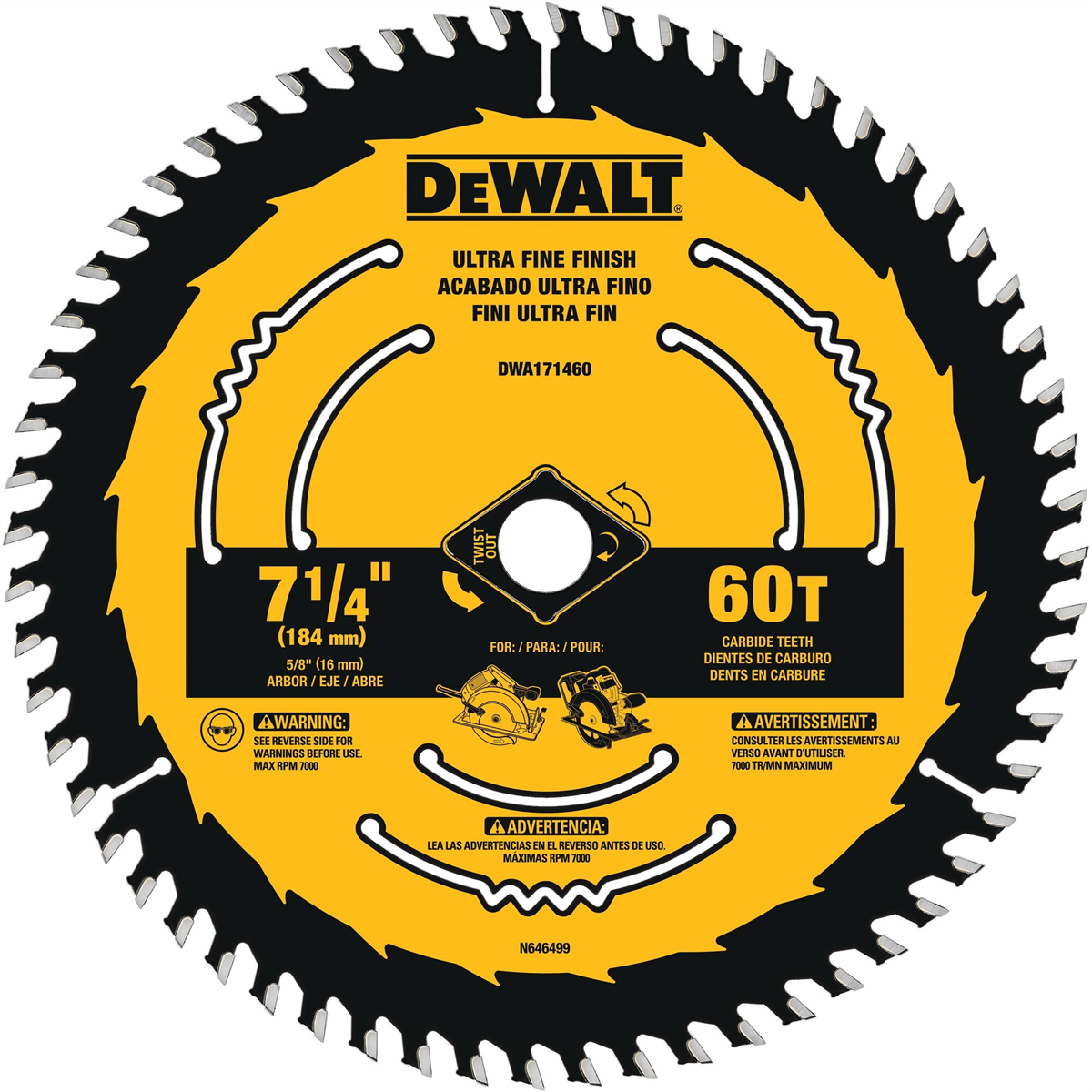 Dewalt 7-1/4 In Carbide Circular Saw Blade 60 Tooth With 5/8 In Arbor (1 Pack)