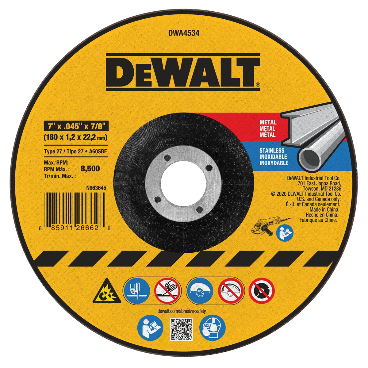 DEWALT T27 Metal Cut-Off Wheel, 7-Inch X .045-Inch X 7/8-Inch