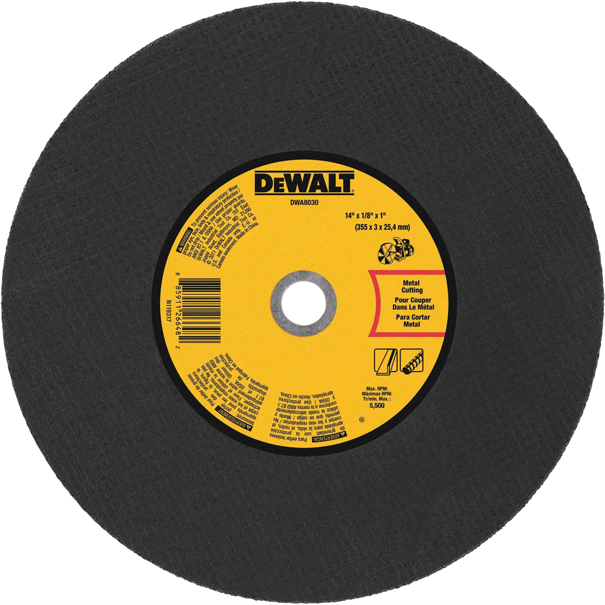 Dewalt 14 In X 1/8 In Aluminum Oxide Abrasive Chop / Cut-off Blade With 1 In Arbor For Metal Cutting (1 Pack)