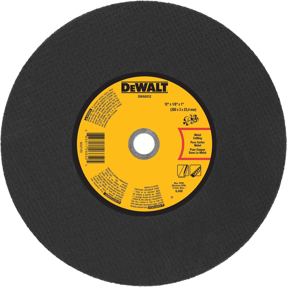Dewalt 12 In X 1/8 In Aluminum Oxide Abrasive Chop / Cut-off Blade With 1 In Arbor For Metal Cutting (1 Pack)