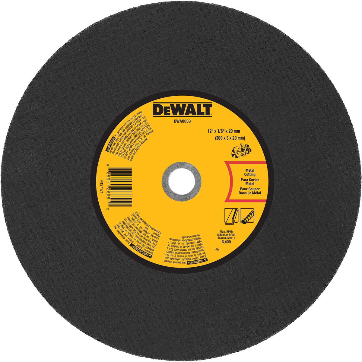 Dewalt 12 In X 1/8 In Aluminum Oxide Abrasive Chop / Cut-off Blade With 20 Mm Arbor For Metal Cutting (1 Pack)