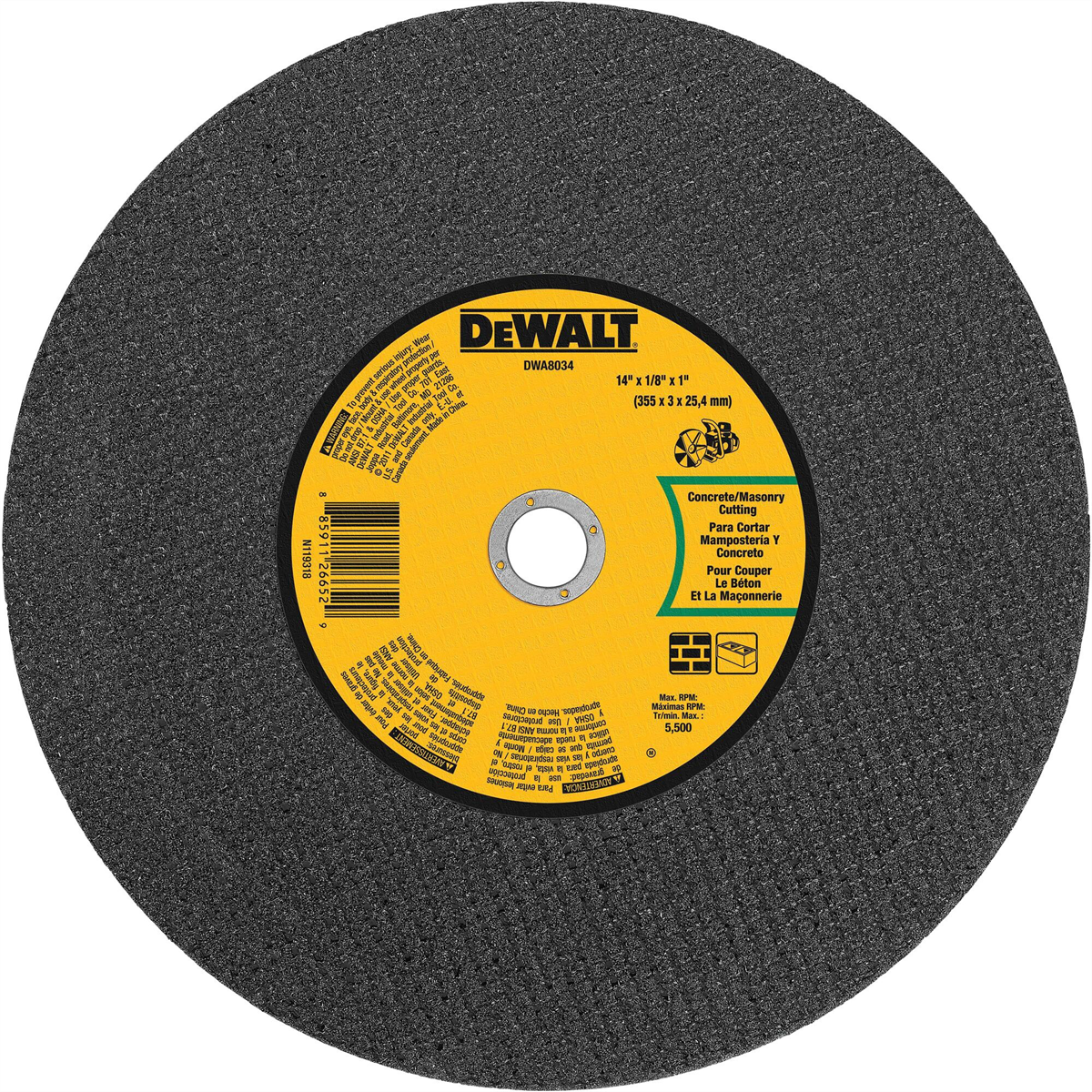 Dewalt 14 In X 1/8 In Aluminum Oxide Abrasive Chop / Cut-off Blade With 1 In Arbor For Concrete & Masonry Cutting (1 Pack)