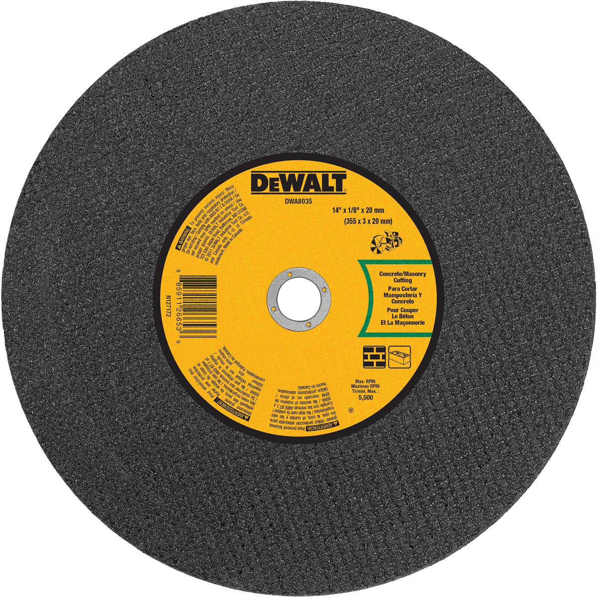 Dewalt 14 In X 1/8 In Aluminum Oxide Abrasive Chop / Cut-off Blade With 20 Mm Arbor For Concrete & Masonry Cutting (1 Pack)
