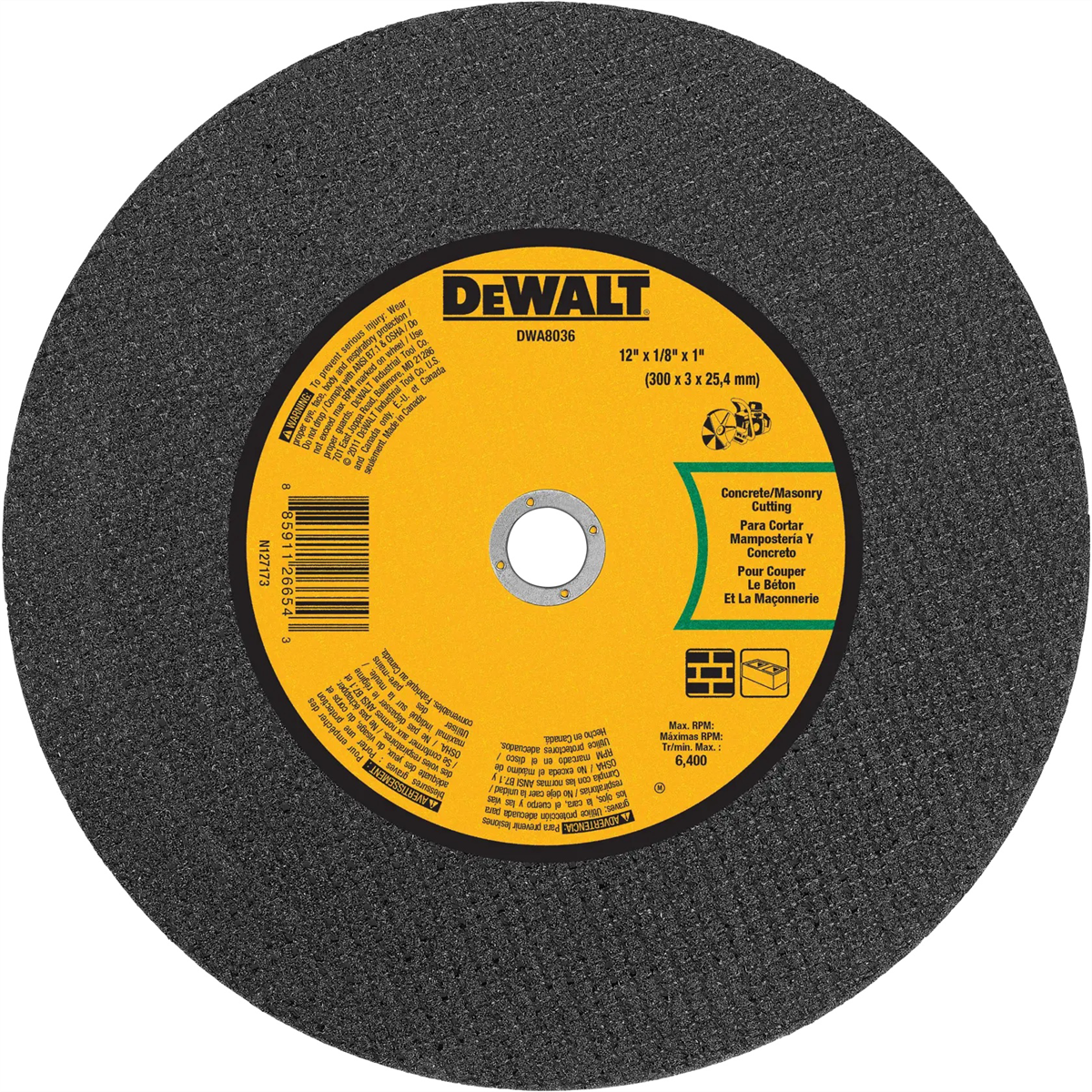 Dewalt 12 In X 1/8 In Aluminum Oxide Abrasive Chop / Cut-off Blade With 1 In Arbor For Concrete & Masonry Cutting (1 Pack)