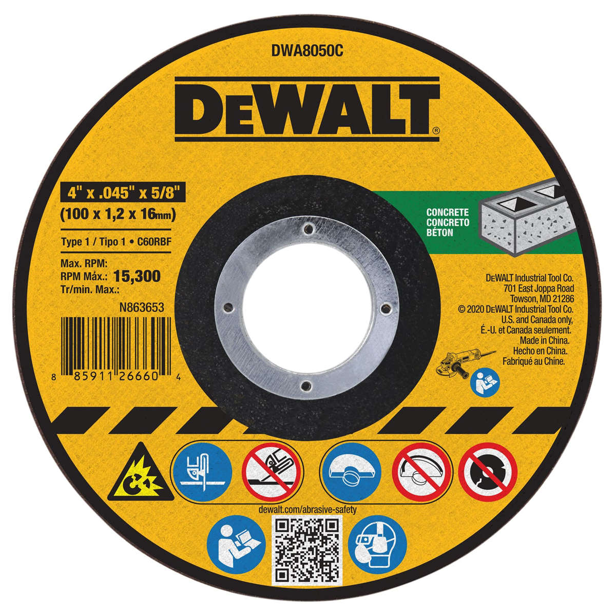 Dewalt 4 In X .045 In Aluminum Oxide Abrasive Chop / Cut-off Blade With 7/8 In Arbor For Concrete & Masonry Cutting (1 Pack)