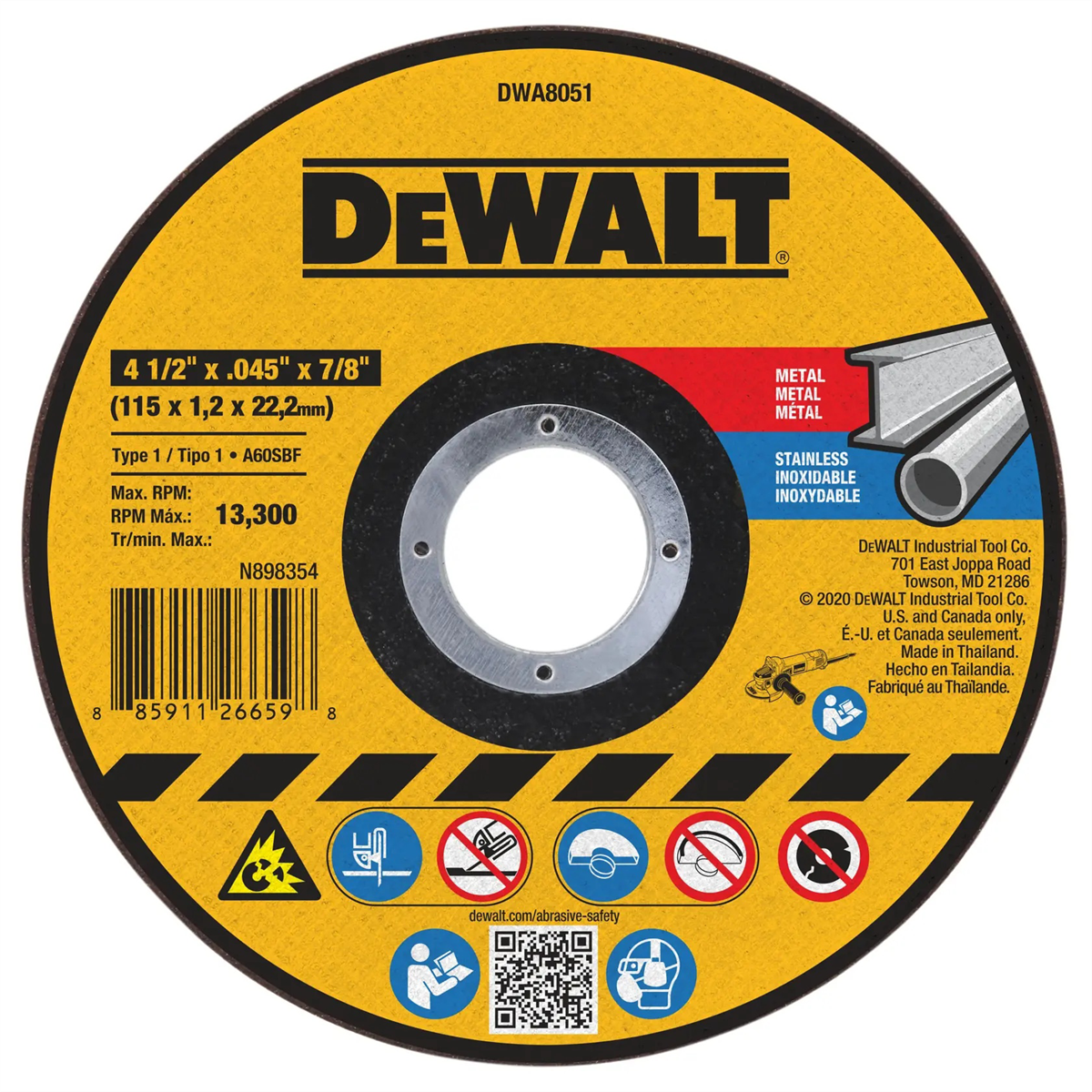DeWalt 4-1/2 Inch x .045 Inch x 7/8 Inch Type 1 Metal Cutting Wheel
