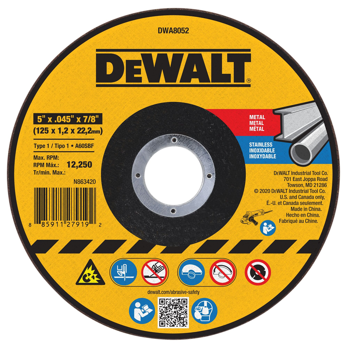 Dewalt 5 In X .045 In Aluminum Oxide Abrasive Chop / Cut-off Blade With 7/8 In Arbor For Concrete & Masonry Cutting (1 Pack)