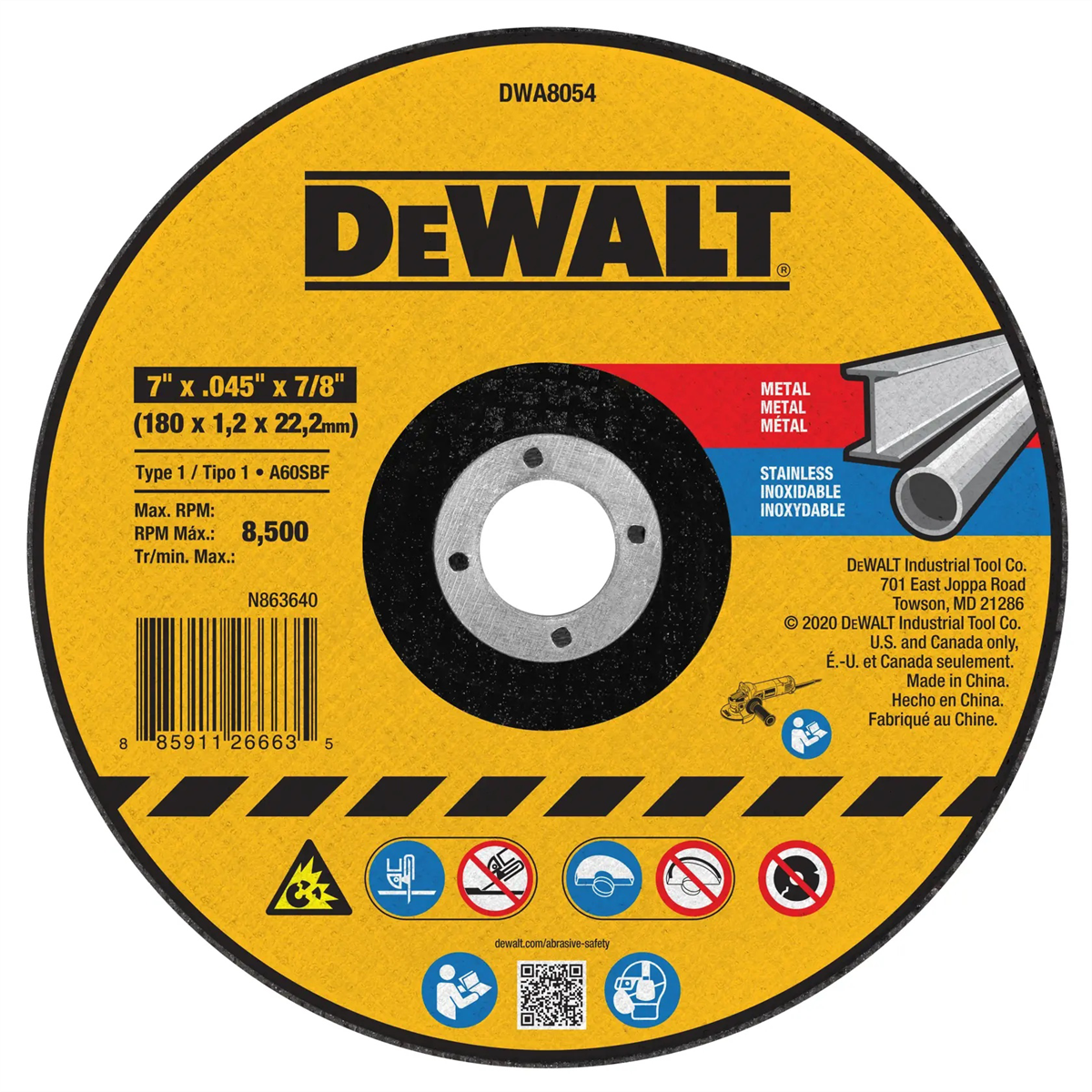 Dewalt 7 In X .045 In Aluminum Oxide Abrasive Chop / Cut-off Blade With 7/8 In Arbor For Concrete & Masonry Cutting (1 Pack)