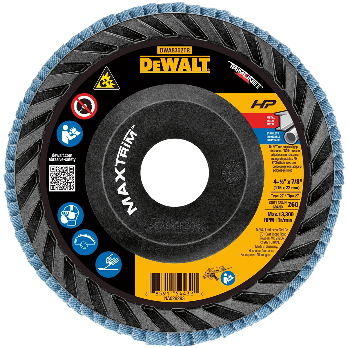 DEWALT HP MAXTRIM Trimmable Backer Flap Disc 4-1/2 X 7/8 60G T27