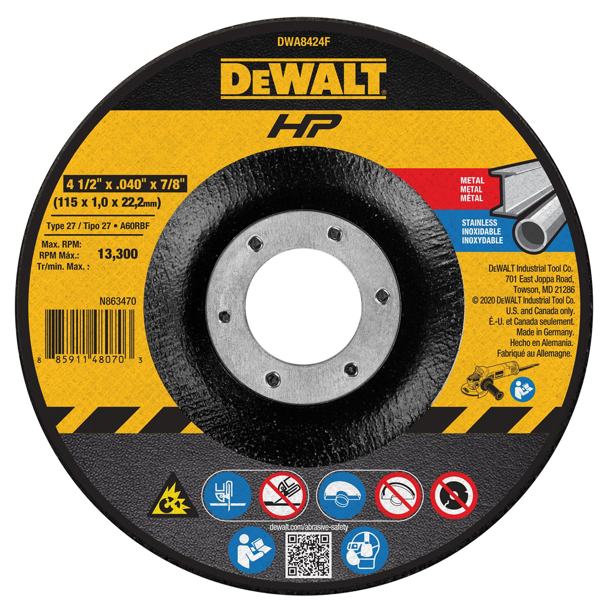 Dewalt 4-1/2" X .040" X 7/8" Type 27 Metal And Stainless Cutting Wheel Hp
