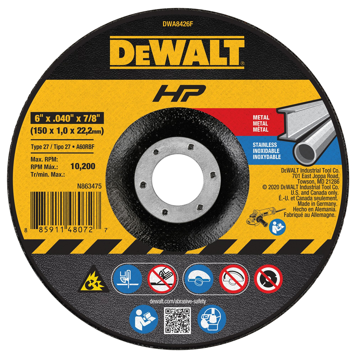 Dewalt 6" X .040" X 7/8" Type 27 Metal And Stainless Cutting Wheel Hp
