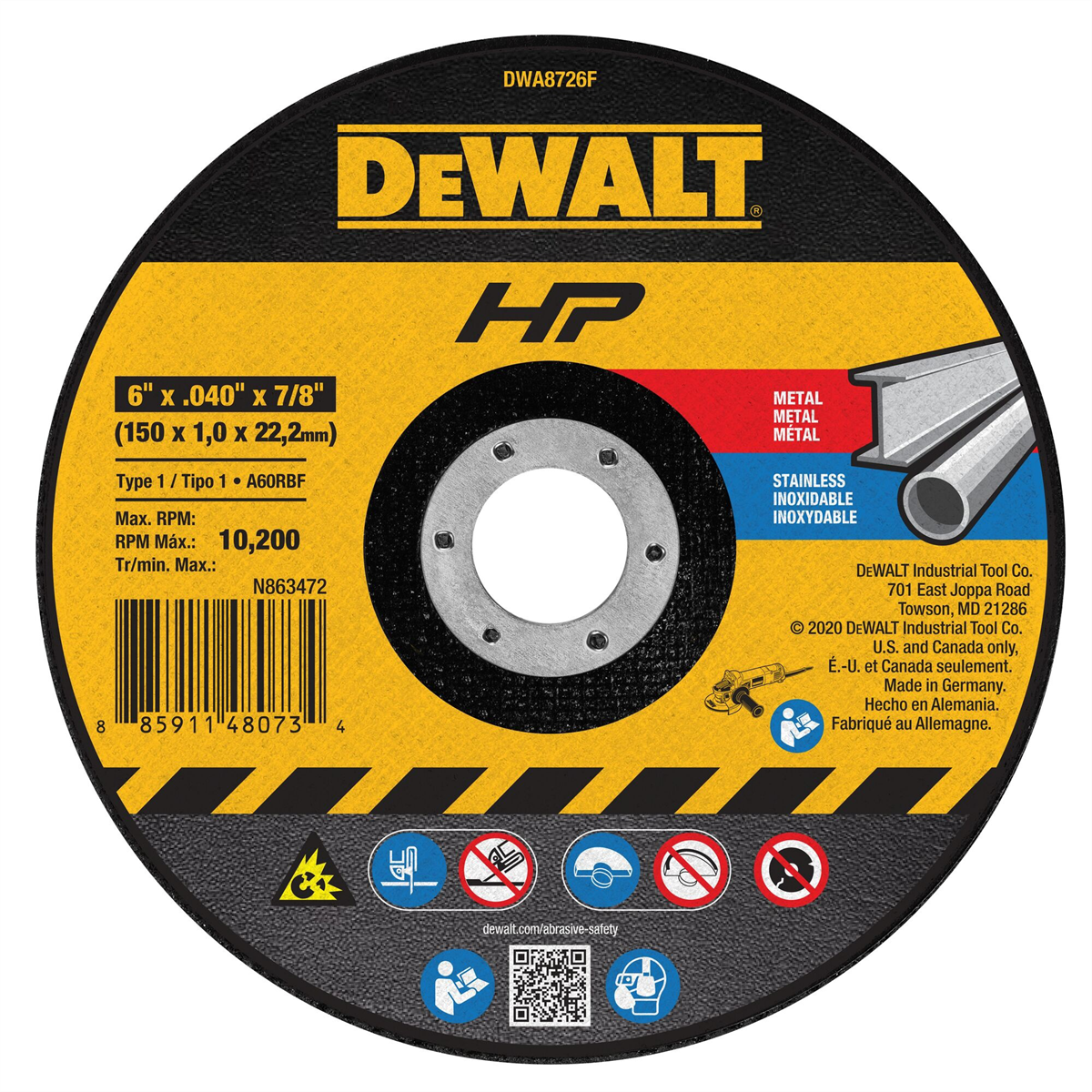 Dewalt 6" X .040" X 7/8" Type 1 Metal And Stainless Cutting