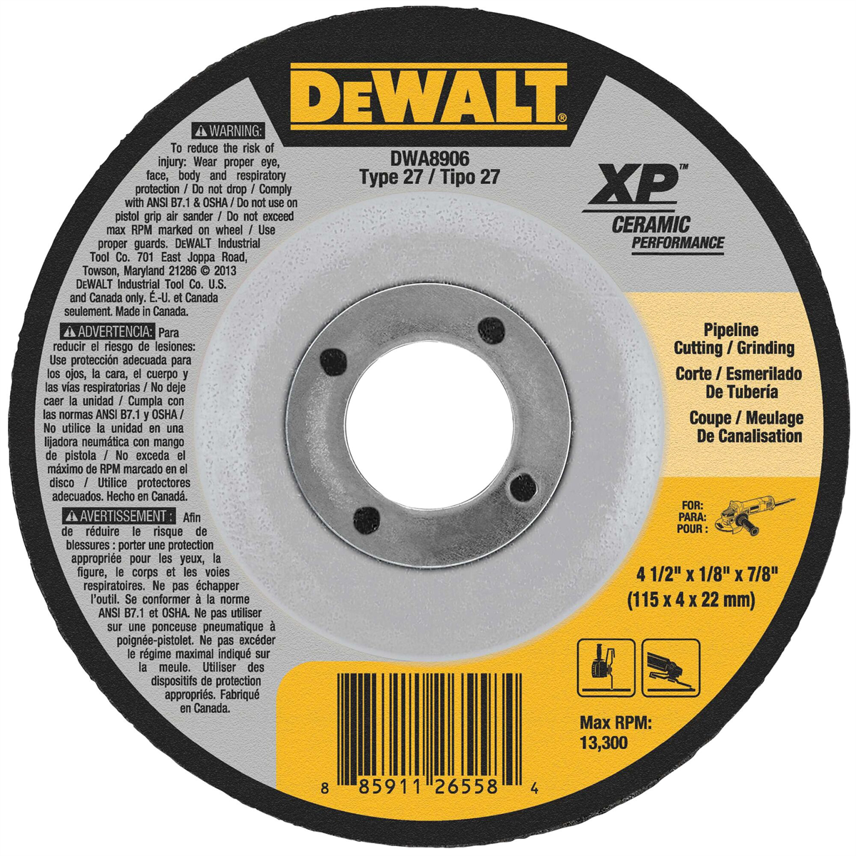 Dewalt Extended Performance Pipeline Grinding 4-1/2-inch X 1/8-inch X 7/8-inch Ceramic Abrasive