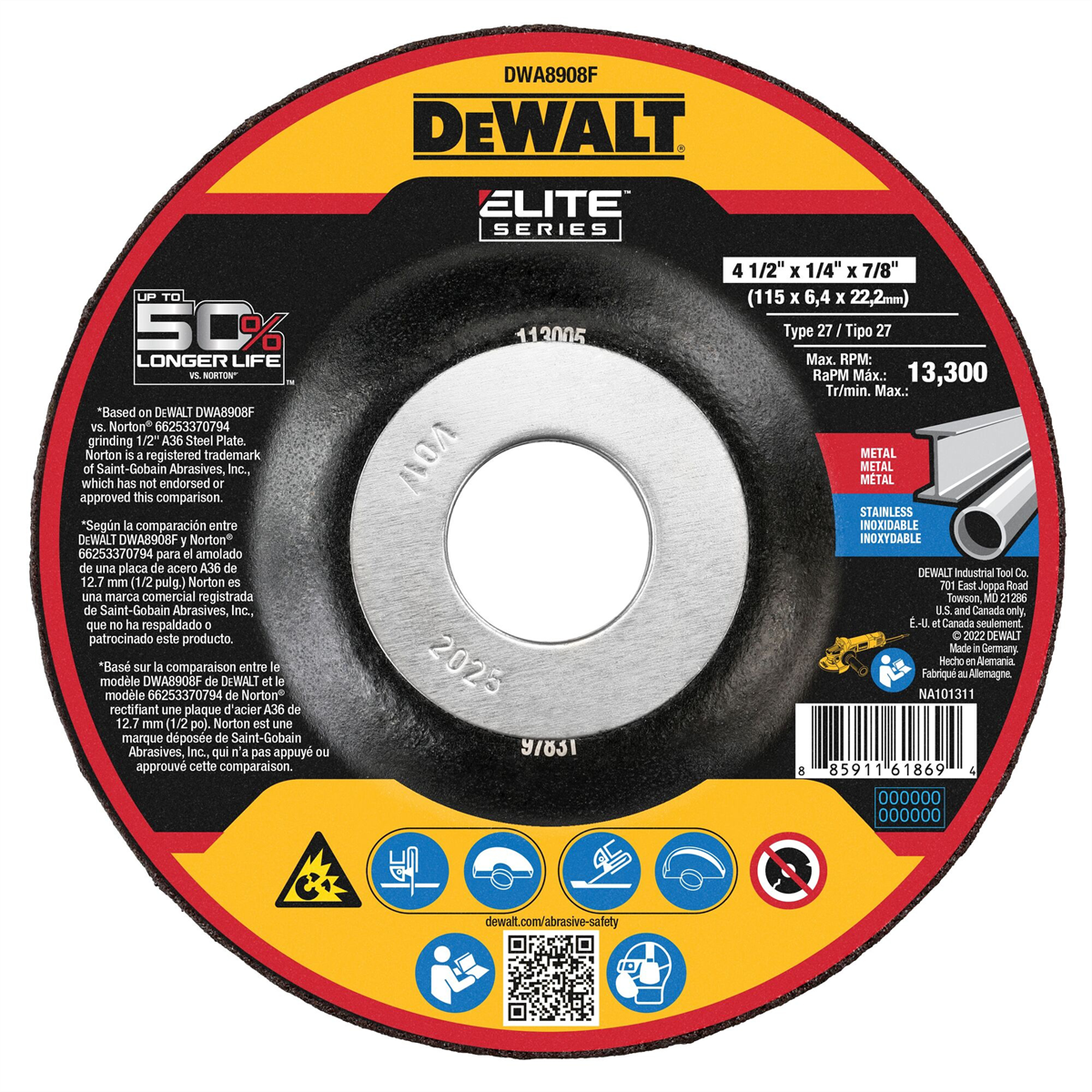 DEWALT ELITE SERIES Grinding Wheels 4-1/2" Steel Ceramic Abrasive Cut-Off Wheel Xp